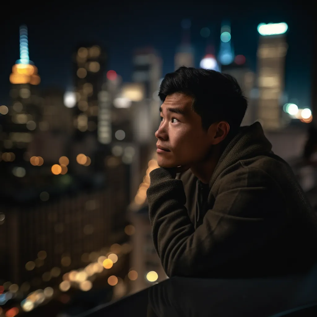 Night portrait: a person leaning on a railing in contemplation against blurred city lights