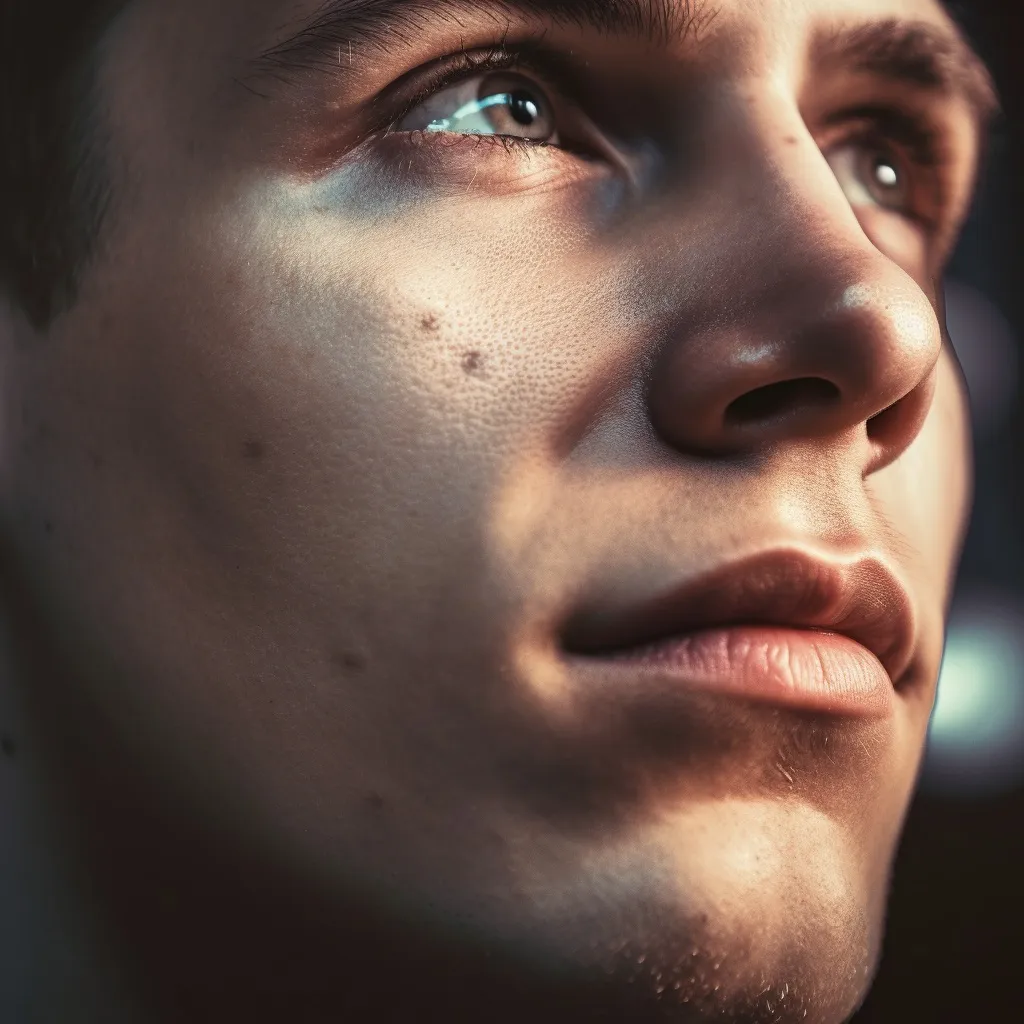 Close-up portrait: side profile, eyes looking upward in soft light