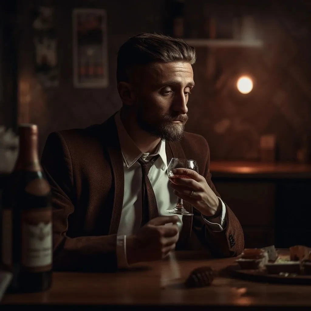 Dim bar portrait: a suited man holding a wine glass, with a bottle and plates on the table